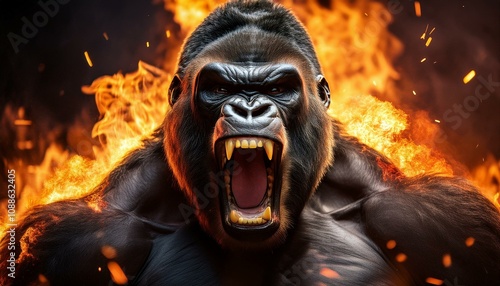 a ferocious anthropomorphic gorilla roaring with fire and debris surrounding him
