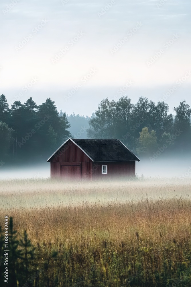 Misty Finnish Field with Rustic Barn in a Foggy Landscape Misty Finnish Field with Rustic Barn in a Foggy Landscape