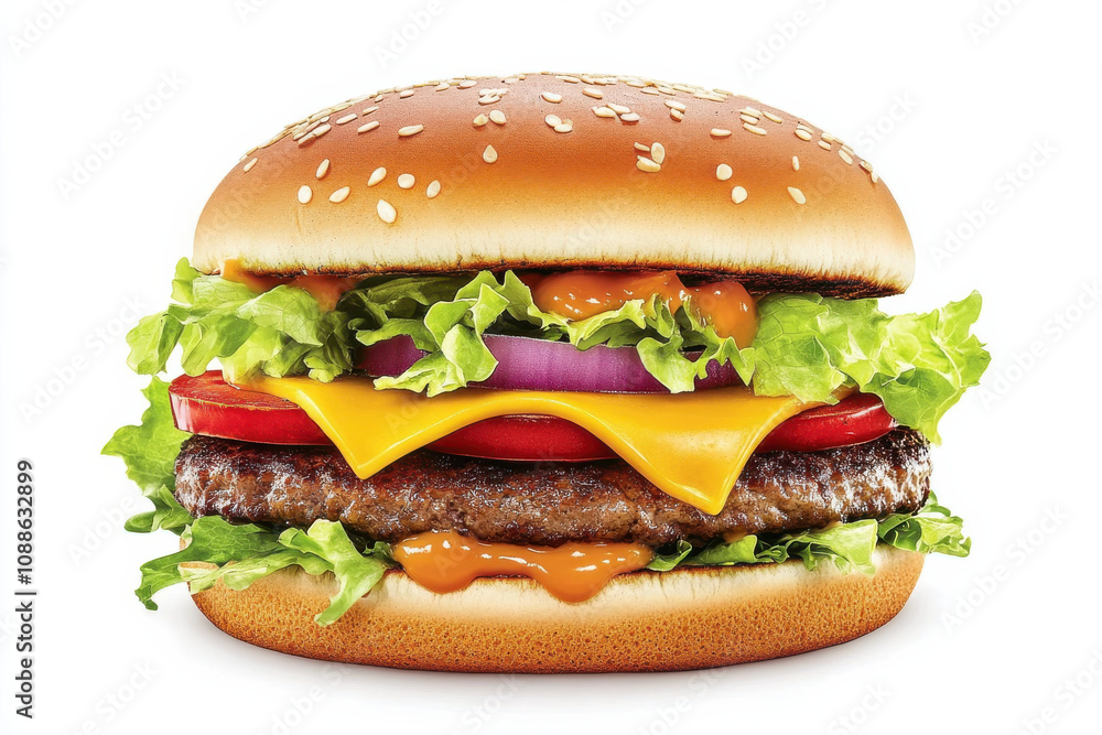 Delicious hamburger with sesame seed bun, fresh lettuce, tomato, onion, and melted cheese, perfect for satisfying meal Delicious hamburger with sesame seed bun, fresh lettuce, tomato, onion, and melted cheese, perfect for satisfying meal
