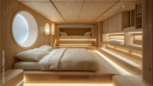 Modern minimalist bedroom designed for comfort with warm lighting and wooden accents, located in a cozy urban apartment space