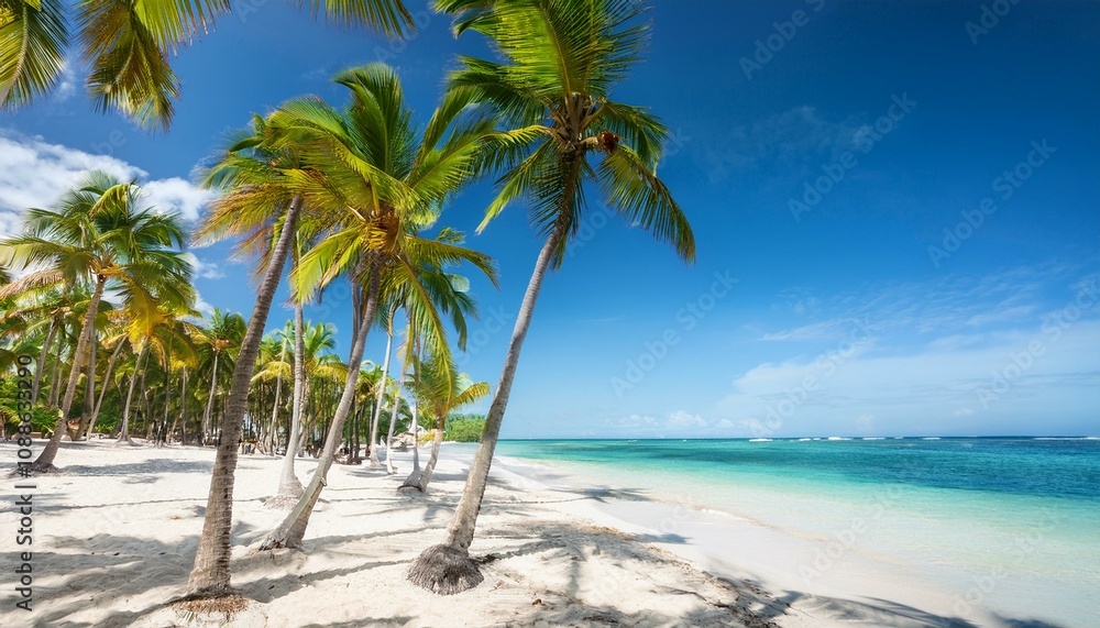 coconut palm trees on white sandy beach in dominican republic coconut palm trees on white sandy beach in dominican republic