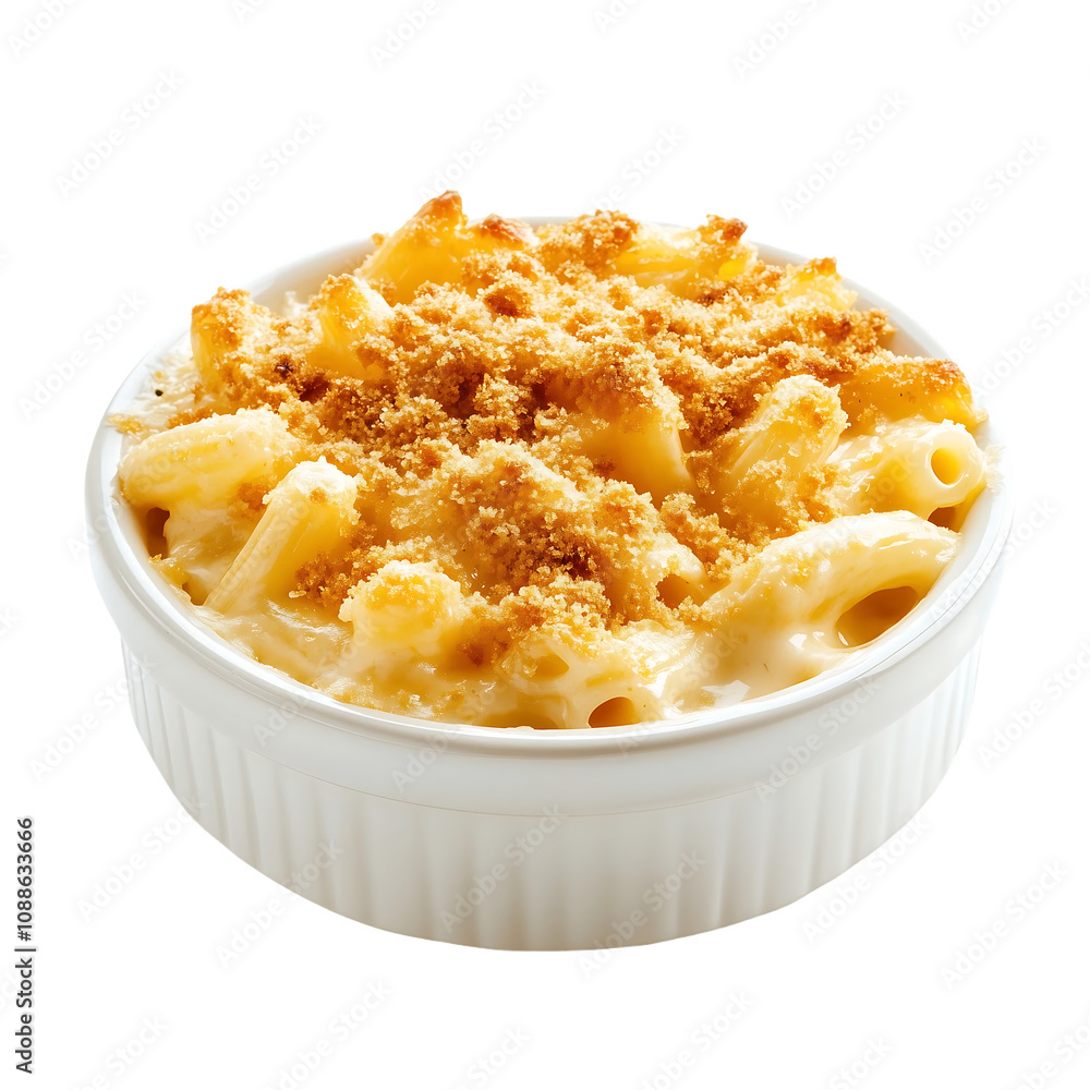 a serving of macaroni and cheese with breadcrumbs isolated on white background. a serving of macaroni and cheese with breadcrumbs isolated on white background.
