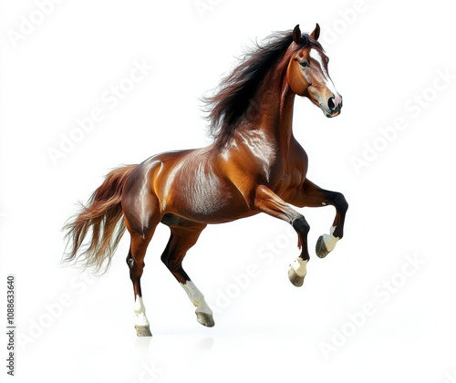 majestic brown horse rears up, showcasing its strength and grace against white background. flowing mane adds to its beauty and elegance