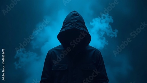 A mysterious figure in a dark hooded jacket on a smoky blue background