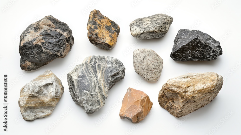 Several stones of various shapes and sizes rest on a white background. Several stones of various shapes and sizes rest on a white background.