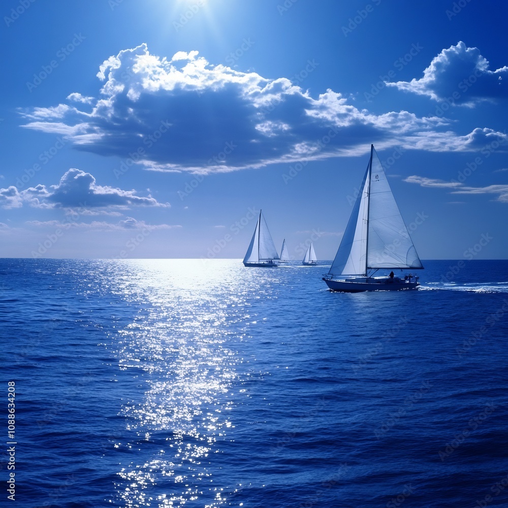 Fototapeta premium Serene Sailing Adventure on Vast Ocean Under Dramatic Blue Sky