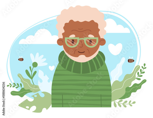 Cute african american Senior elderly man Mental Health and Nature. Concept old grandfather, beneficial effects of environment, wellness, care, viability and self-love. Vector illustration