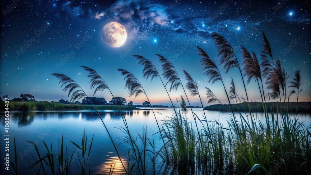Night Photography of Wild Grass in the Bayou with Starry Sky, Moonlight Reflections, and Serene Water Surroundings for Nature Lovers and Outdoor Enthusiasts Night Photography of Wild Grass in the Bayou with Starry Sky, Moonlight Reflections, and Serene Water Surroundings for Nature Lovers and Outdoor Enthusiasts