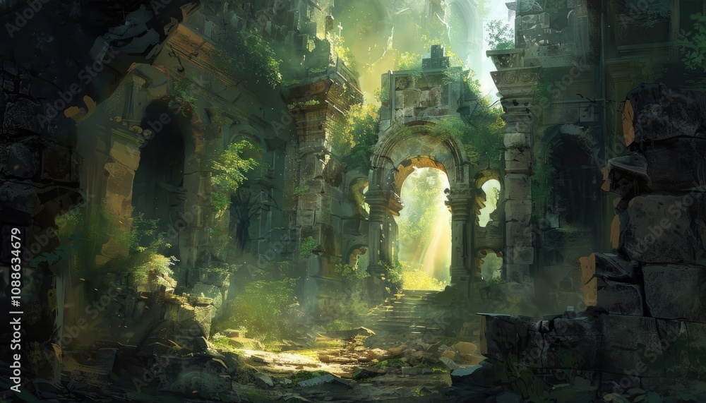 A Sunbeam Illuminates the Ruins of a Crumbling Stone Archway A Sunbeam Illuminates the Ruins of a Crumbling Stone Archway