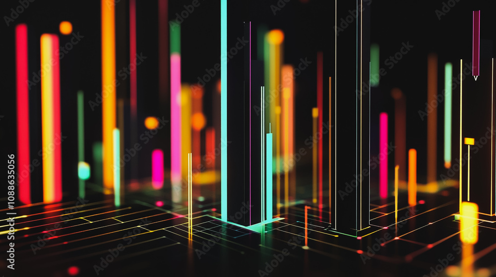 Abstract black background with 3D Colorful charts and graphs with statistics to innovative analyze business potential and forecast future development of companies growth. Abstract black background with 3D Colorful charts and graphs with statistics to innovative analyze business potential and forecast future development of companies growth.