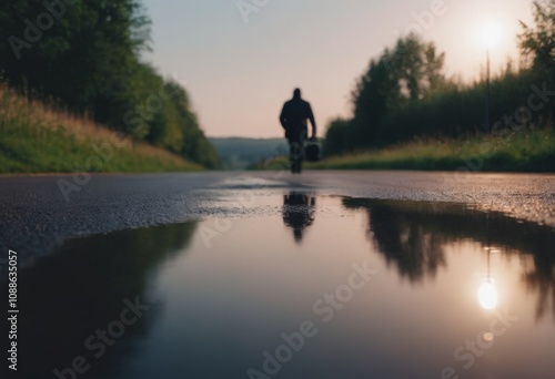 Man walking on the road at sunset. Blurred silhouette of a man on the road. AI generated