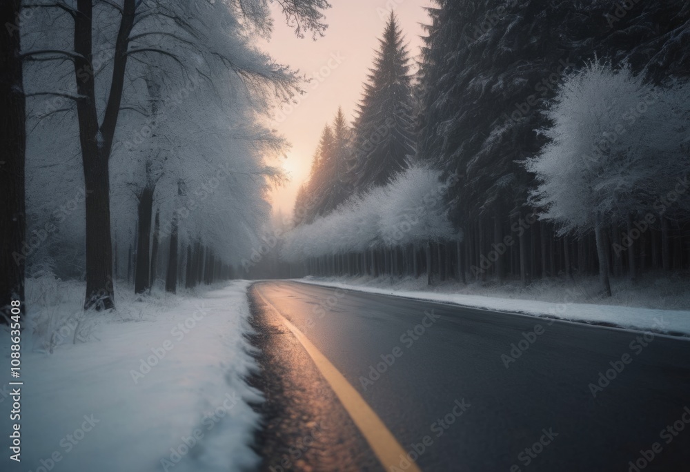 Snowy winter road through the forest at sunset. Beautiful winter landscape. AI generated Snowy winter road through the forest at sunset. Beautiful winter landscape. AI generated