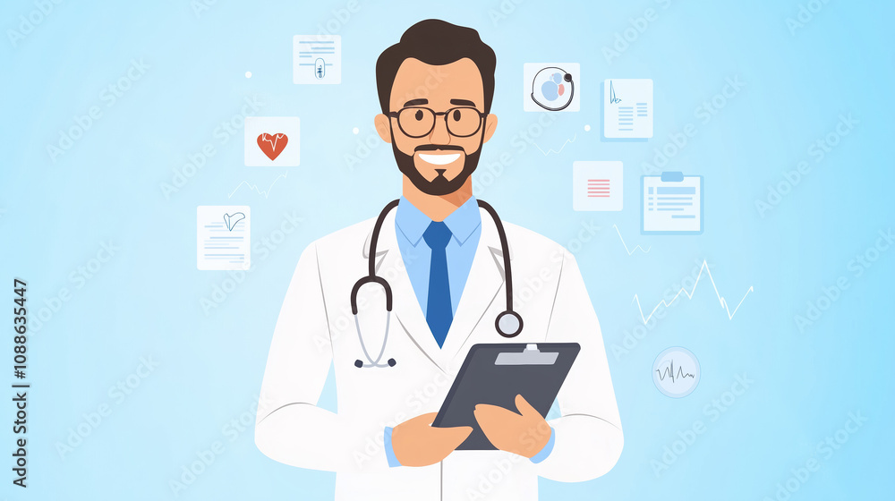 2D illustration of portrait of a health concierge explaining a medical report using augmented reality tools, rich background of data streams. 2D illustration of portrait of a health concierge explaining a medical report using augmented reality tools, rich background of data streams.