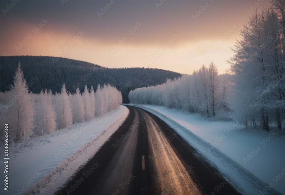 AI generated winter road through the forest at sunset. Beautiful winter landscape with trees AI generated winter road through the forest at sunset. Beautiful winter landscape with trees