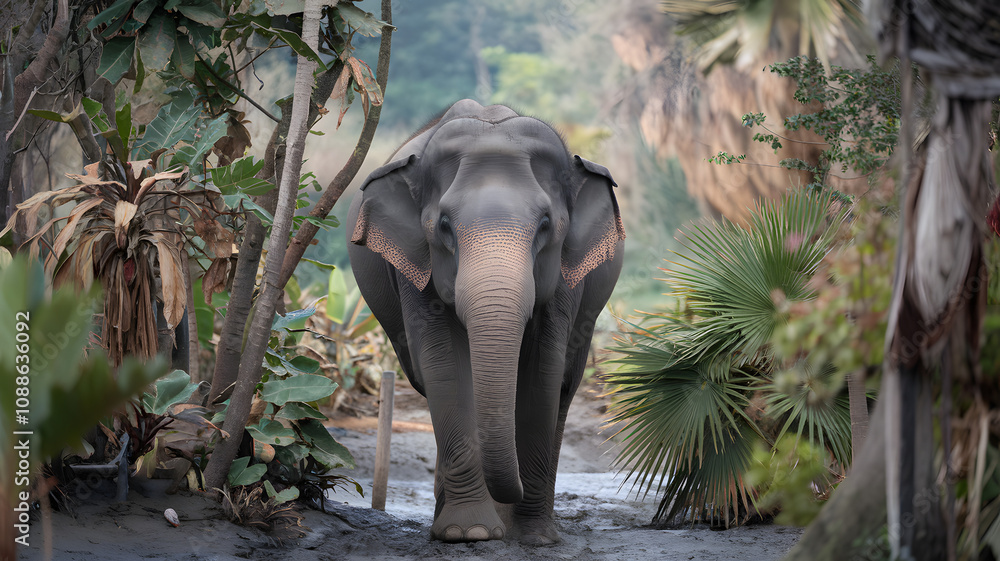 Fototapeta premium Huge elephant walking in the jungle, surrounded by exotic plants and trees. 