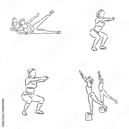 Hand drawn sketch of an exercising woman. Vector illustration.