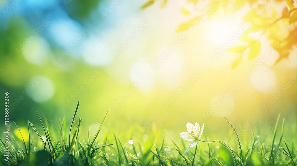 Fototapeta premium Green field under blue sky. Beauty nature background. Spring nature background