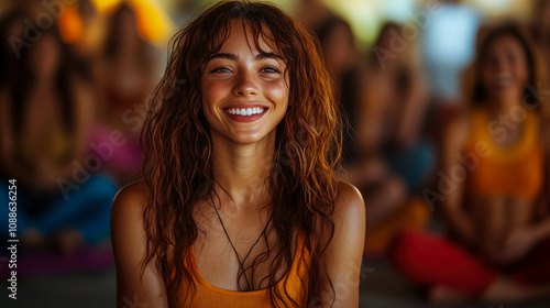 A joyful woman with curly hair smiles while participating in a group meditation activity, surrounded by like-minded individuals in a peaceful atmosphere