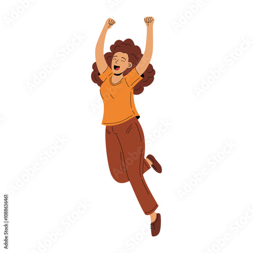 Happy woman jumping for joy, celebrating positivity and success. Clean vector style on white.