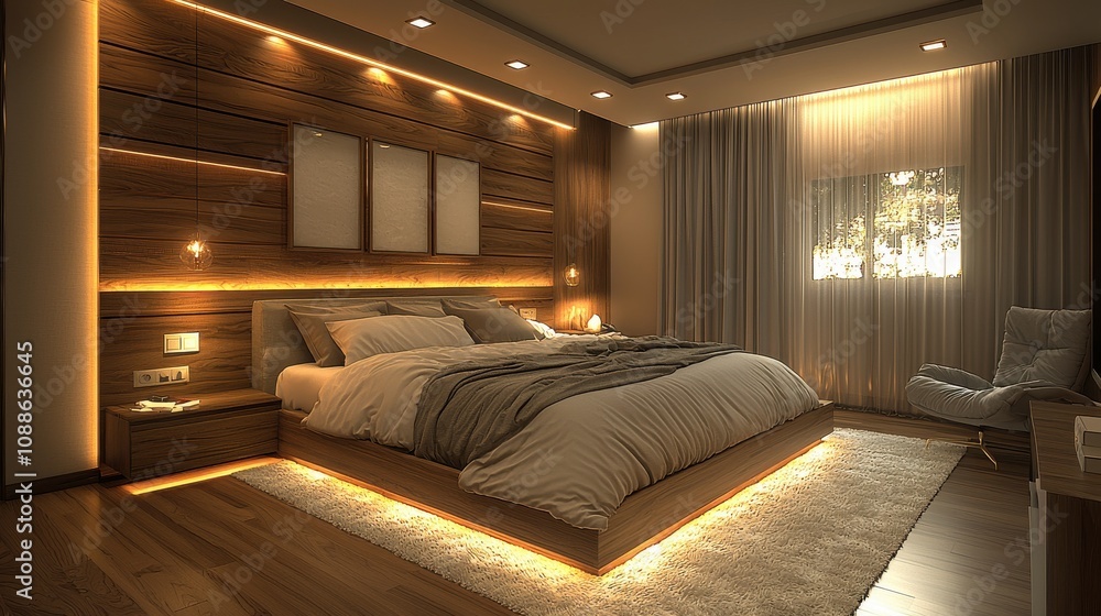Cozy and modern bedroom with warm lighting and wooden accents showcasing a serene atmosphere for relaxation Cozy and modern bedroom with warm lighting and wooden accents showcasing a serene atmosphere for relaxation