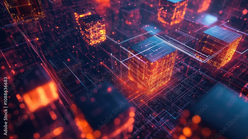 blockchain system, featuring a series of hexagonal blocks interconnected by glowing lines. The blocks contain abstract data visuals, blockchain system, featuring a series of hexagonal blocks interconnected by glowing lines. The blocks contain abstract data visuals,
