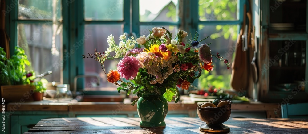 Beautiful Bouquet Of Garden Flowers In Sunny Rustic Kitchen Beautiful Bouquet Of Garden Flowers In Sunny Rustic Kitchen