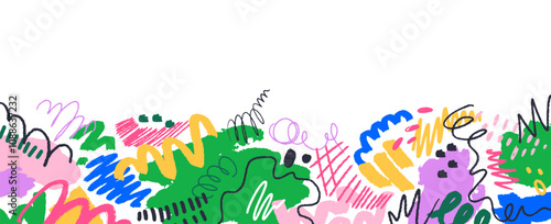Scribble doodle style border design. Abstract shapes, elements, drawings, horizontal decoration. Hand-drawn freehand squiggles, creative banner. Flat vector illustration isolated on white background