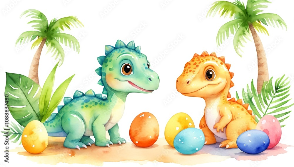 Naklejka premium Colorful dinosaurs and eggs: whimsical tropical scene with palm trees