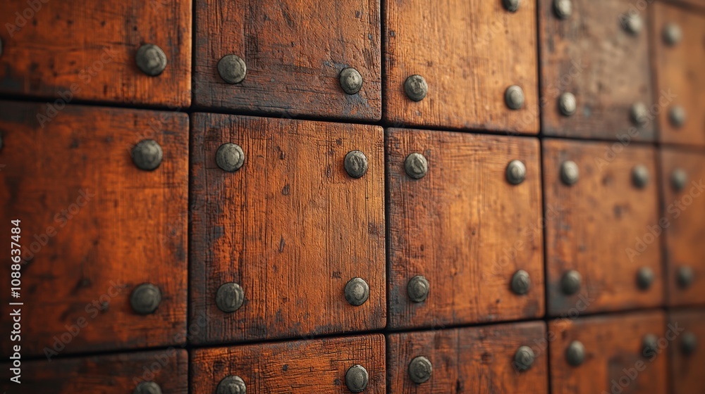 Rich Brown Wooden Paneling with Metal Studs Rustic Texture Background Rich Brown Wooden Paneling with Metal Studs Rustic Texture Background