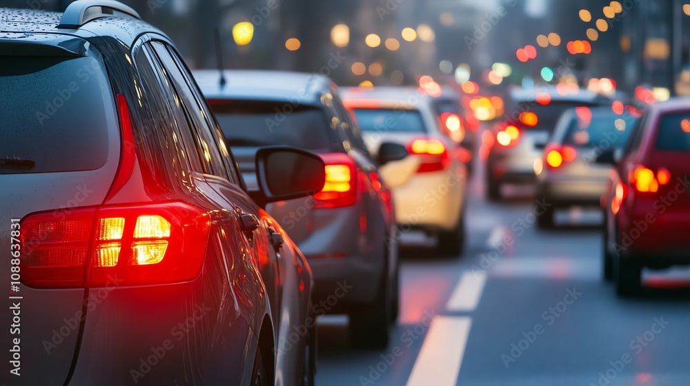 Cars are stopped in traffic in the city at dusk. Cars are stopped in traffic in the city at dusk.