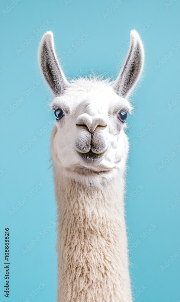 Obraz premium Fluffy llama portrait against a blue background. AI.