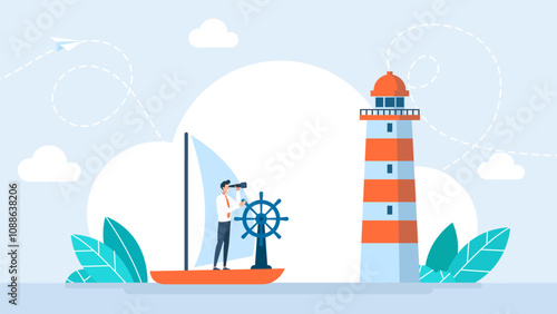Boat captain control steering wheel helm. Business vision and leadership. Businessman, rudder helm, lighthouse points way to success. Business navigation, strategic analysis. Vector illustration