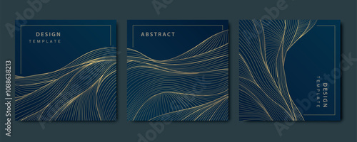 Vector set of art deco gold wave package templates, labels, line background. Elegant premium texture for design, glitter leaves, sea, silk dynamic illustration