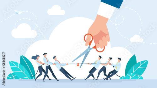 Use scissors to cut the ropes of two teams tug of war on the cliff. Negotiation or stop fighting concept. Mediation as conflict compromise and solution management person concept. Vector illustration