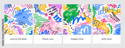 Abstract doodle card designs set. Colorful scribbles, modern playful shapes pattern, vertical backgrounds. Bright elements, multicolored brushstrokes, postcards. Trendy flat vector illustration