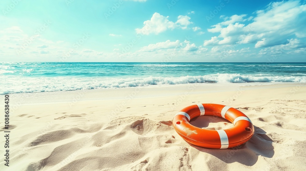 Lifebuoy On The Sandy Beach In Front Of Idyllic Sea. Lifebuoy On The Sandy Beach In Front Of Idyllic Sea.