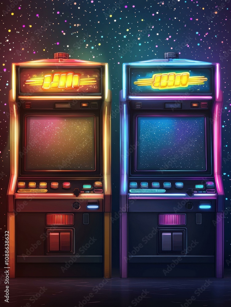 Retro arcade machines glowing under a starry night sky. AI. Retro arcade machines glowing under a starry night sky. AI.