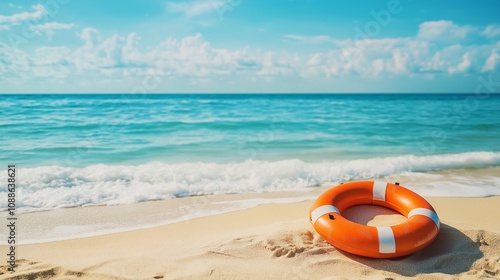 Lifebuoy On The Sandy Beach In Front Of Idyllic Sea