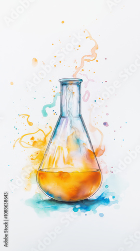 Watercolor illustrations of laboratory glassware with colorful chemical reactions, celebrating International Day of Women and Girls in Science, emphasizing creativity, STEM education, and scientific