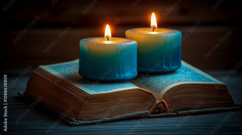 Warm candlelight enhances an open book resting on a wooden surface, creating a peaceful and inviting atmosphere in a quiet space Warm candlelight enhances an open book resting on a wooden surface, creating a peaceful and inviting atmosphere in a quiet space