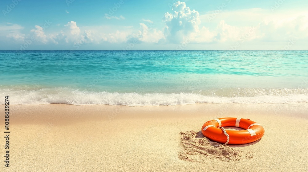 Lifebuoy On The Sandy Beach In Front Of Idyllic Sea Lifebuoy On The Sandy Beach In Front Of Idyllic Sea