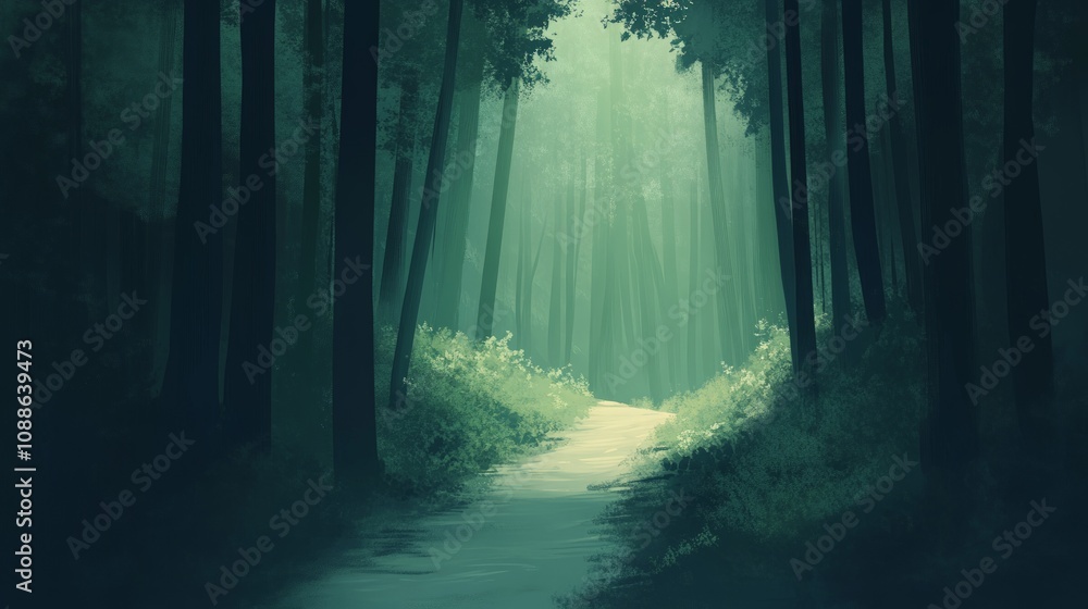 Fototapeta premium Winding Forest Trail, a serene pathway meandering through towering trees, dappled sunlight filtering through leaves, inviting exploration and tranquility in nature's embrace