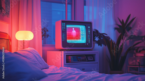 Futuristic Holographic Doctor Appears on Bedside Console in Detailed Bedroom Interior, Personal Items and Home Care photo