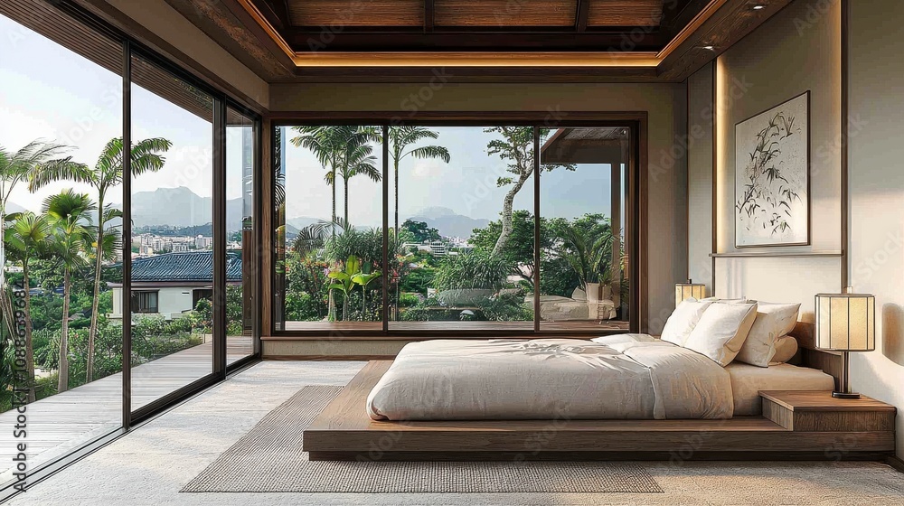 Modern bedroom with panoramic views of nature and a serene atmosphere in a tropical setting Modern bedroom with panoramic views of nature and a serene atmosphere in a tropical setting