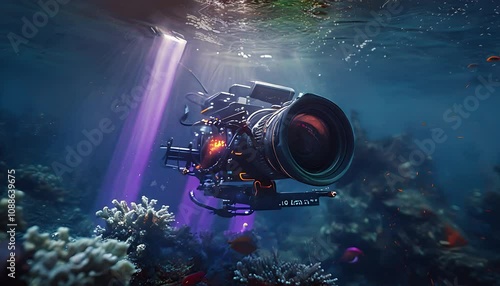 Professional camera submerged underwater in waterproof housing, capturing vibrant coral reef with illuminated lights, showcasing underwater exploration and adventure