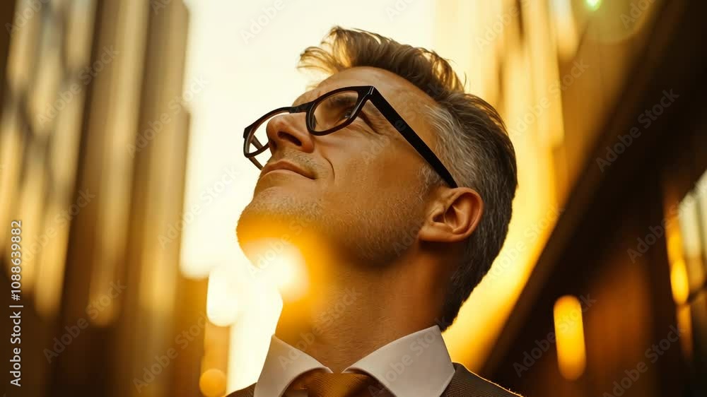 A middle-aged man with graying hair and glasses stands in a city setting