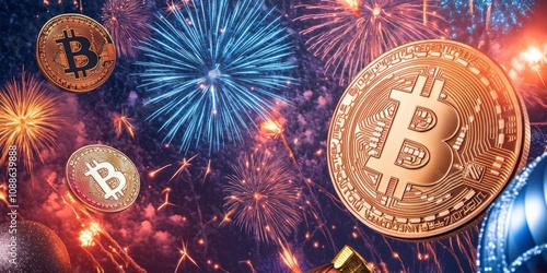 Bitcoin Festive New Year Concept. The image features Bitcoin coins amidst a vibrant display of fireworks, symbolizing celebration and the rise of cryptocurrency.