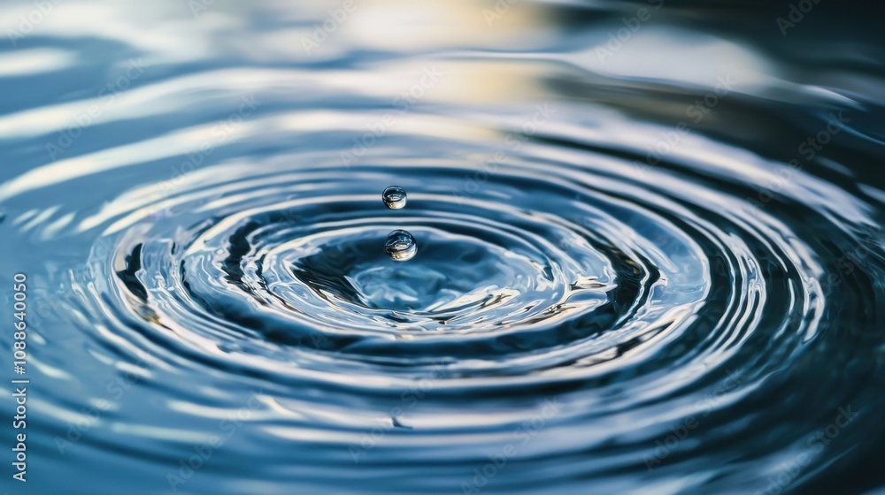 Water drop falling to liquid surface and creating splashes and ripple. Transparent droplet suspended above calm surface. Fluid dynamics and serene simplicity Water drop falling to liquid surface and creating splashes and ripple. Transparent droplet suspended above calm surface. Fluid dynamics and serene simplicity