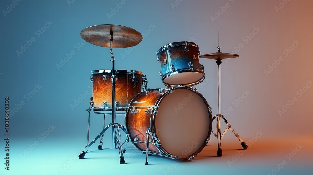 Dynamic drum set in gradient lighting showcasing music essentials Dynamic drum set in gradient lighting showcasing music essentials