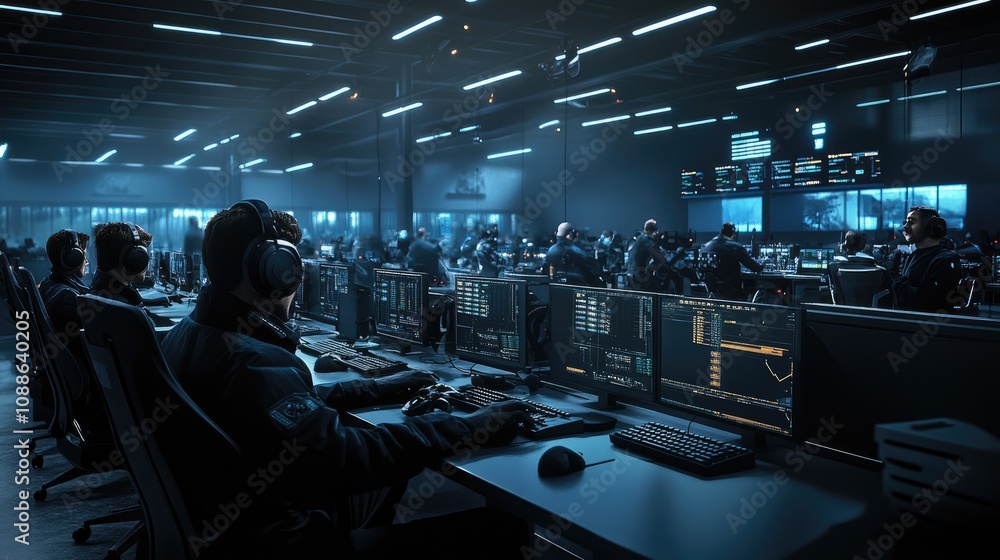 Technology-Centric Control Room with Operators Engaged in Data Monitoring and Analysis Amidst a High-Tech Environment of Screens and Equipment Technology-Centric Control Room with Operators Engaged in Data Monitoring and Analysis Amidst a High-Tech Environment of Screens and Equipment